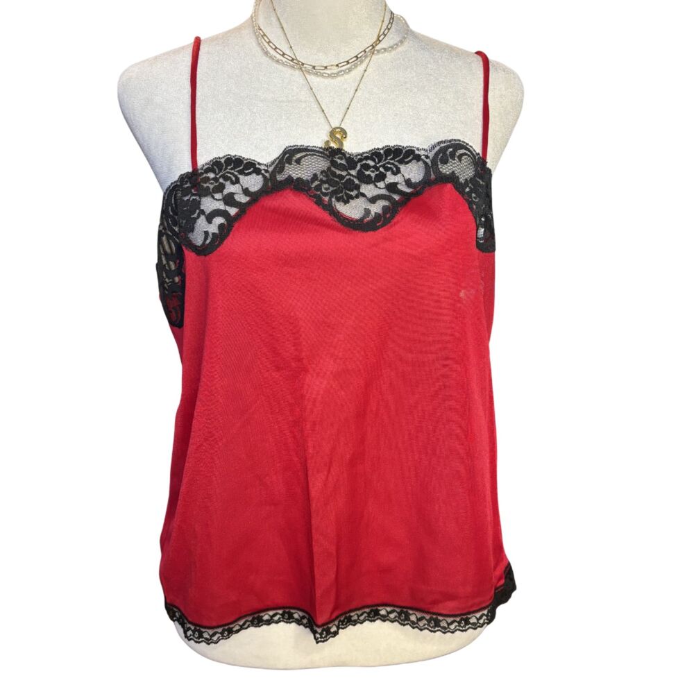 Vintage Deadstock NWT Private Treasures Avon Red Black Lace Cami Slip Top